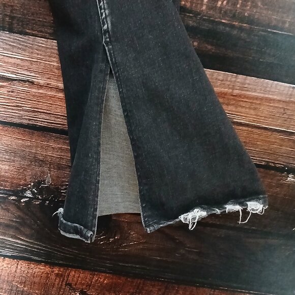 Flying Monkey Jeans 28 Button Fly Mid Rise Slit Flare Distressed Black Stretch - Picture 6 of 10
